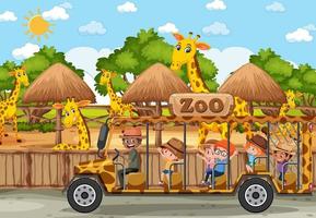Children on tourist car watching giraffe group in the zoo scene