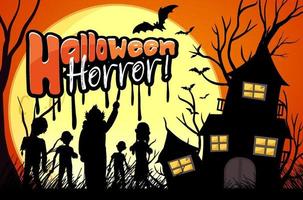 cartel de halloween con casa embrujada y silueta de zombies vector