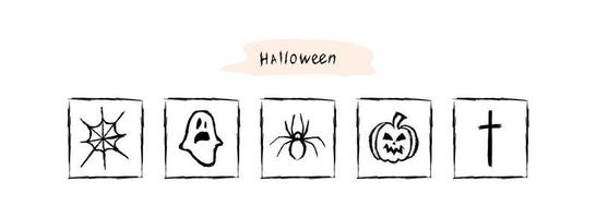 Halloween doodle icons set. Halloween holiday greeting card design. Lettering, pumpkin, spider vector