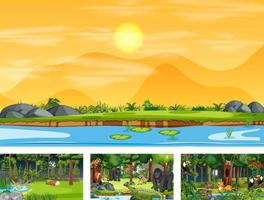 Set of different nature horizontal scene with various wild animals vector