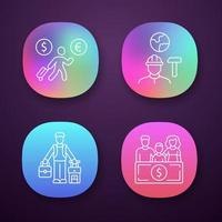 Immigrants app icons set. Economic migrant, family sponsorship immigration. Job for immigrants. Travelling abroad. Web or mobile applications. Vector isolated illustrations