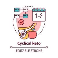 Cyclical keto concept icon. Ketogenic diet idea thin line illustration. Healthy nutrition, food, meal. Healthcare, lifestyle. High fat, low carb. Vector isolated outline drawing. Editable stroke