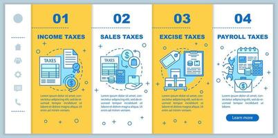 US Taxes types onboarding mobile web pages vector template. Payroll tax. Responsive smartphone website interface idea with linear illustrations. Webpage walkthrough step screens. Color concept