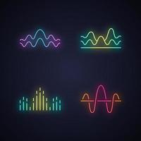 Sound waves neon light icons set. Glowing signs. Noise, vibration frequency. Volume, equalizer level wavy lines. Music waves, rhythm. Digital curve soundwaves logotype. Vector isolated illustrations