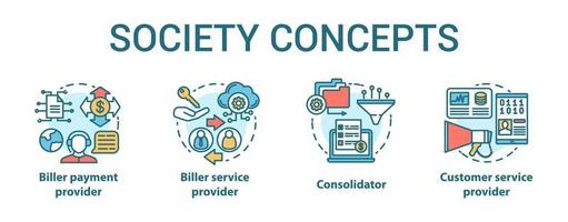 Billing concept icons set. Society idea thin line illustrations. Biller payment and service provider. Consolidator and customer service. E-commerce. Vector isolated outline drawings. Editable stroke