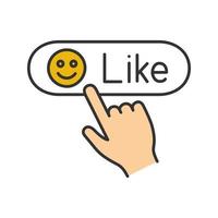 Like button click color icon. Positive comment. Hand pressing button. Isolated vector illustration