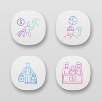 Immigrants app icons set. Economic migrant, family sponsorship immigration. Job for immigrants. Travelling abroad. Web or mobile applications. Vector isolated illustrations