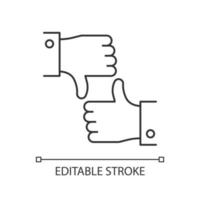 Like and dislike linear icon. Feedback option. Info evaluation. Data online assessment. Hand up and down sign. Thin line illustration. Contour symbol. Vector isolated outline drawing. Editable stroke