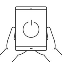 Hands holding tablet computer linear icon. Device turning off. Thin line illustration. Tablet pc with power button. Contour symbol. Vector isolated outline drawing