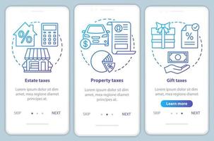 US taxes types blue onboarding mobile app page screen with linear concepts. Estate, property, gift tax walkthrough steps graphic instructions. UX, UI, GUI vector template with illustrations