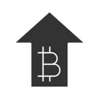 Bitcoin rate rising glyph icon. Silhouette symbol. Cryptocurrency with up arrow. Negative space. Vector isolated illustration