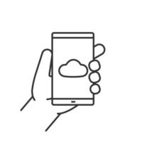 Hand holding smartphone linear icon. Thin line illustration. Smart phone cloud storage app. Contour symbol. Vector isolated outline drawing