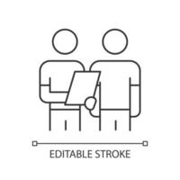 Oral survey linear icon. Two people Interviewing. Question and answer. Dialogue, talk. Recruiter with employee. Thin line illustration. Contour symbol. Vector isolated outline drawing. Editable stroke