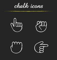 Hand gestures chalk icons set. Squeezed and raised fists, hands pointing right and up. Isolated vector chalkboard illustrations