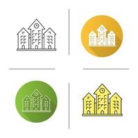 Town hall icon. Flat design, linear and color styles. Building with clock. School, college, university. Isolated vector illustrations