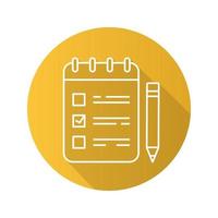 To do list flat linear long shadow icon. Notebook with tick mark and pencil. Notepad. Vector outline symbol