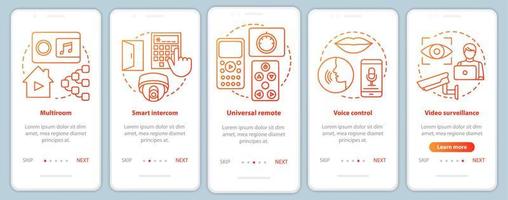 Smart home onboarding mobile app page screen vector template. Automation systems for security and comfort. Walkthrough website steps with linear illustrations. UX, UI, GUI smartphone interface concept