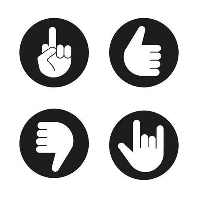 Hand gestures icons set. Thumbs up, dislike, heavy metal, middle finger up. Vector white silhouettes illustrations in black circles