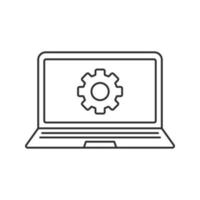 Laptop settings linear icon. Thin line illustration. Notebook with cogwheel contour symbol. Vector isolated outline drawing