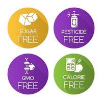 Product free ingredient flat design long shadow glyph icons set. No sugar, pesticide, gmo, calories. Organic healthy food. Dietary without allergens and sweeteners. Vector silhouette illustration