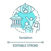 Vandalism concept icon. Civil unrest, property destruction, mob violence idea thin line illustration. Aggressive crowd, burning house and flaming eye vector isolated outline drawing. Editable stroke