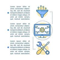 Development and maintenance article page vector template. Software programming. Brochure, magazine, booklet design element, linear icons, text boxes. Print design. Concept illustrations, text space