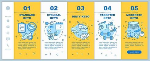 Types of keto diets onboarding mobile web pages yellow vector template. Responsive smartphone website interface idea with linear illustrations. Webpage walkthrough step screens. Color concept