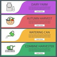 Agriculture web banner templates set. Dairy farm, autumn harvest, watering can, combine harvester. Website color menu items. Vector headers design concepts