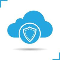 Cloud storage data protection icon. Drop shadow security shield silhouette symbol. Cloud computing. Negative space. Vector isolated illustration