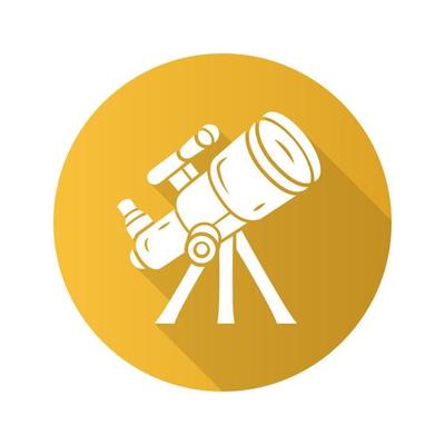 Telescope flat design long shadow glyph icon. Optical instrument for star observation. Moon, planets exploration. Spyglass on tripod. Astronomy, astrophysics, astrology. Vector silhouette illustration