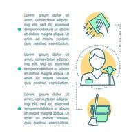 Cleaning services article page vector template. Household help. Brochure, magazine, booklet design element with linear icons and text boxes. Print design. Concept illustrations with text space