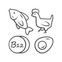 Vitamin B12 linear icon. Fish, poultry and egg. Healthy eating. Cobalamin food source. Minerals, antioxidants. Thin line illustration. Contour symbol. Vector isolated outline drawing. Editable stroke