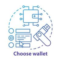 Choose wallet blue concept icon. Digital currency storing idea thin line illustration. Money transaction. Service for private keys storage. E wallet application. Vector isolated outline drawing