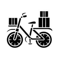 Bicycle delivery glyph icon. Bike with parcel packages. Bicycle messenger, cycle courier. Express bike shipping. Postal service. Silhouette symbol. Negative space. Vector isolated illustration