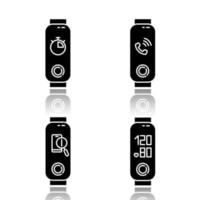 Fitness tracker functions drop shadow black glyph icons set. Weelness accessory with incoming call and lost phone location option. Blood pressure and stopwatch pictogram. Isolated vector illustrations