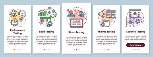 Non-functional software testing onboarding mobile app page screen with linear concepts. Program quality analysis walkthrough steps graphic instructions. UX, UI, GUI vector template with illustrations