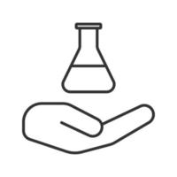 Open hand with lab flask linear icon. Laboratory services. Thin line illustration. Lab supplies. Contour symbol. Vector isolated outline drawing
