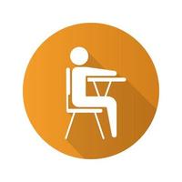 Pupil flat design long shadow glyph icon. School student sitting at desk. Vector silhouette illustration