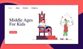 Middle Ages for kids landing page vector template. Historical website interface idea with flat illustrations. Children homepage layout. Medieval times culture web banner, webpage cartoon concept