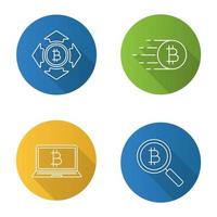 Bitcoin flat linear long shadow icons set. Spending and searching, digital wallet, flying bitcoin. Vector outline illustration