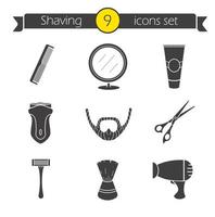 Shaving icons set. Barber shop silhouette symbols. Electric shaver, scissors and comb, after shave cream, mirror, shaving brush, hairdryer and beard. Vector isolated illustration