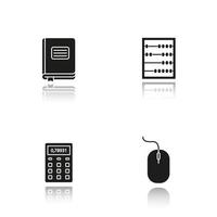 Accounting drop shadow black glyph icons set. Bookkeeper's journal, abacus, calculator, computer mouse. Isolated vector illustrations