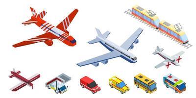 set of airplane cars and tram with bus. drawing in vector