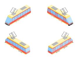 four old trams public transport of city isometric vector