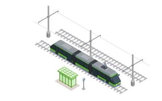 modern green tram at a stop on the rails isometric vector