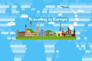 travel around europe by plane to the sights. flat vector