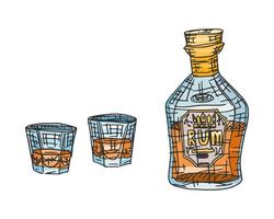 Botella de ron de boceto con barra de vasos. vector de dibujo