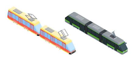 Dos tranvías diferentes de transporte urbano de estilo isométrico. vector