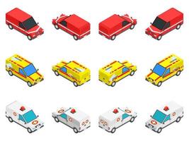 Conjunto de coches de servicio tecnológico multicolor isométrico. vector