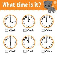 Learning time on the clock. Educational activity worksheet for kids and toddlers. Game for children. Simple flat isolated color vector illustration in cute cartoon style.